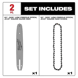2-piece set includes a 12" .325" Low Profile Pitch, .043" Gauge Guide Bar and a 12" .325" Low Profile Pitch, .043" Gauge Saw Chain.