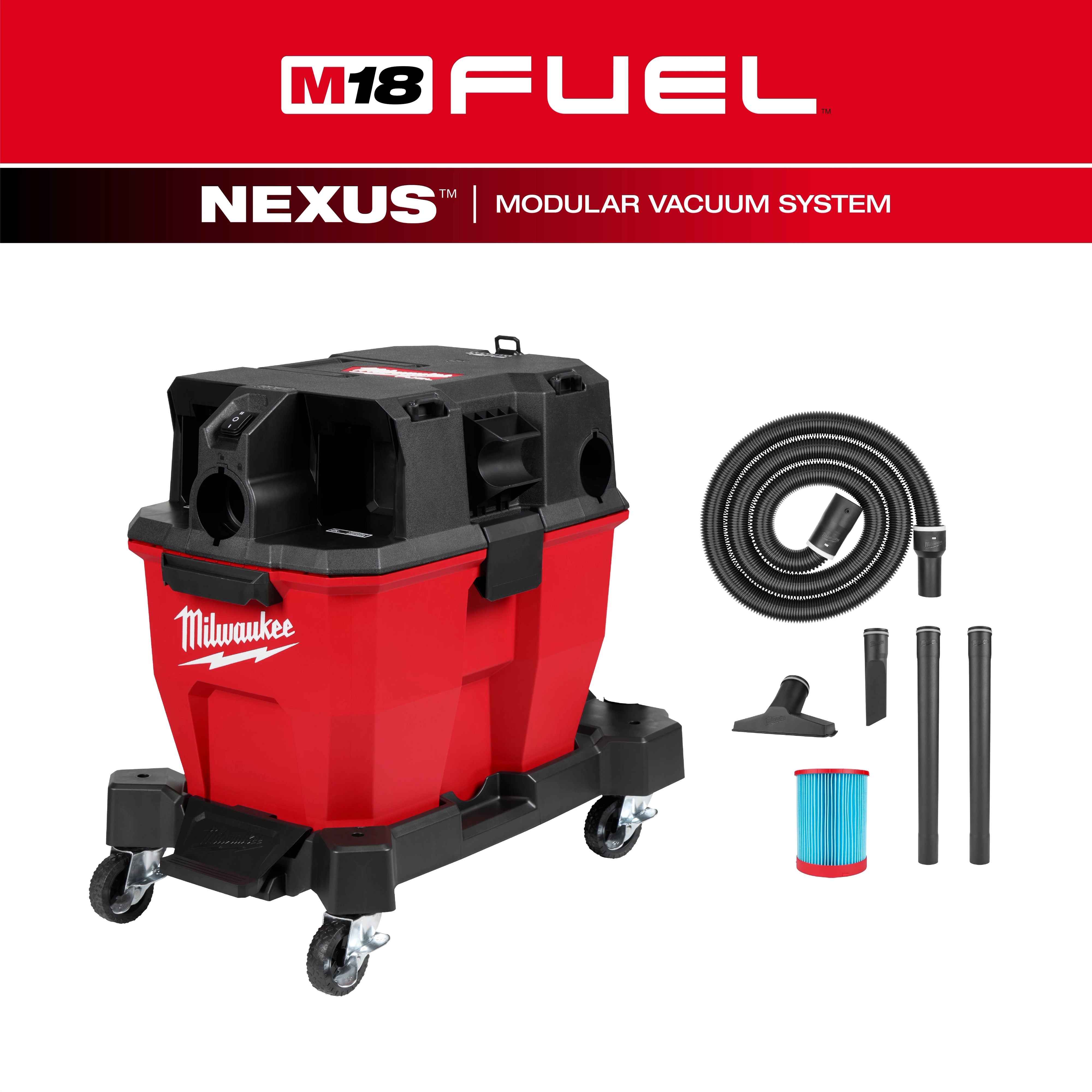The M18 FUEL™ NEXUS™ 9 Gallon Dual-Battery Wet/Dry Vacuum is a red modular vacuum system on wheels. It features a robust black top with Milwaukee branding, optimized for wet and dry cleaning. Dual battery power ensures efficient and powerful operation for professional use.