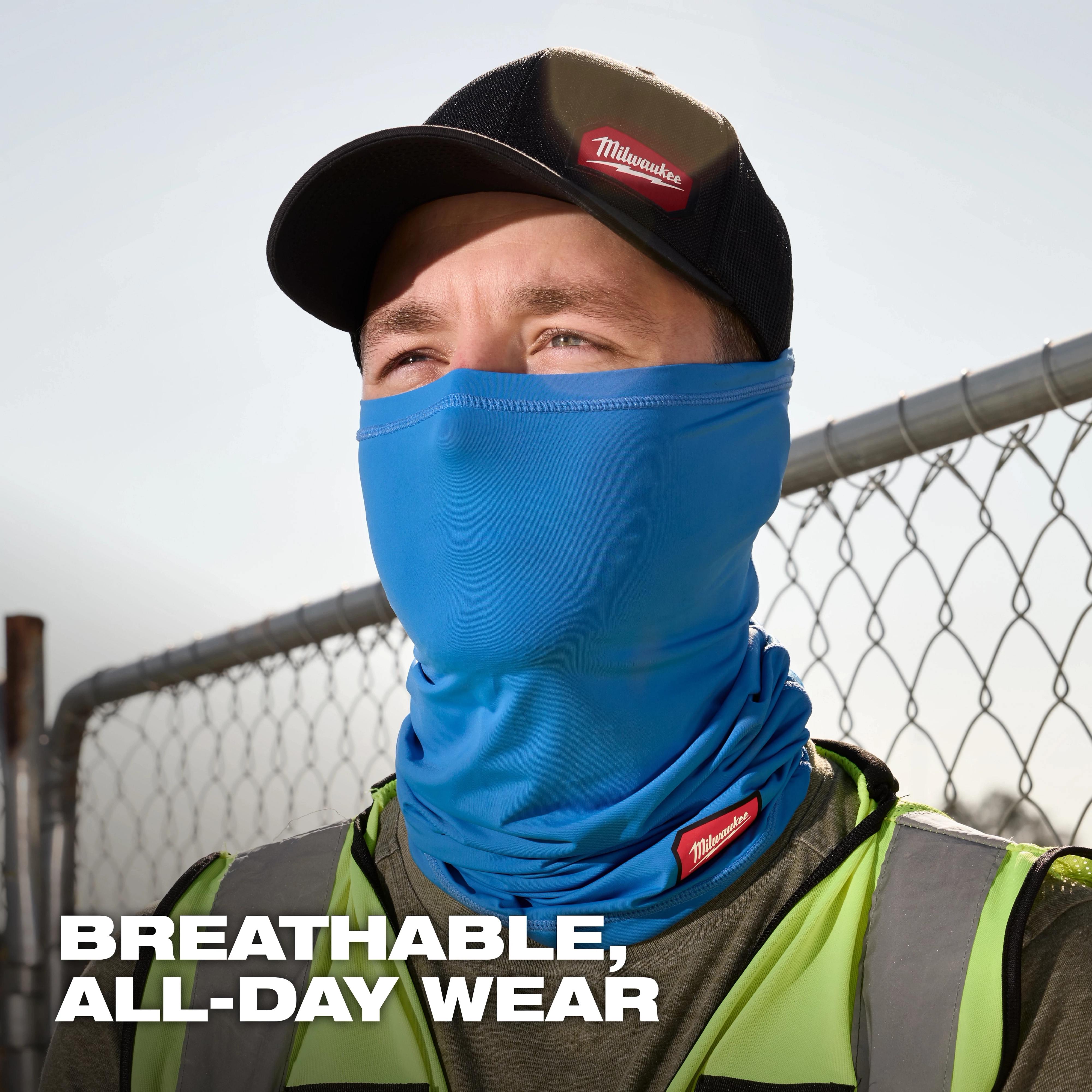 Cooling Neck Gaiter displayed on a person wearing a high-visibility vest and baseball cap. Text: "Breathable, All-Day Wear."