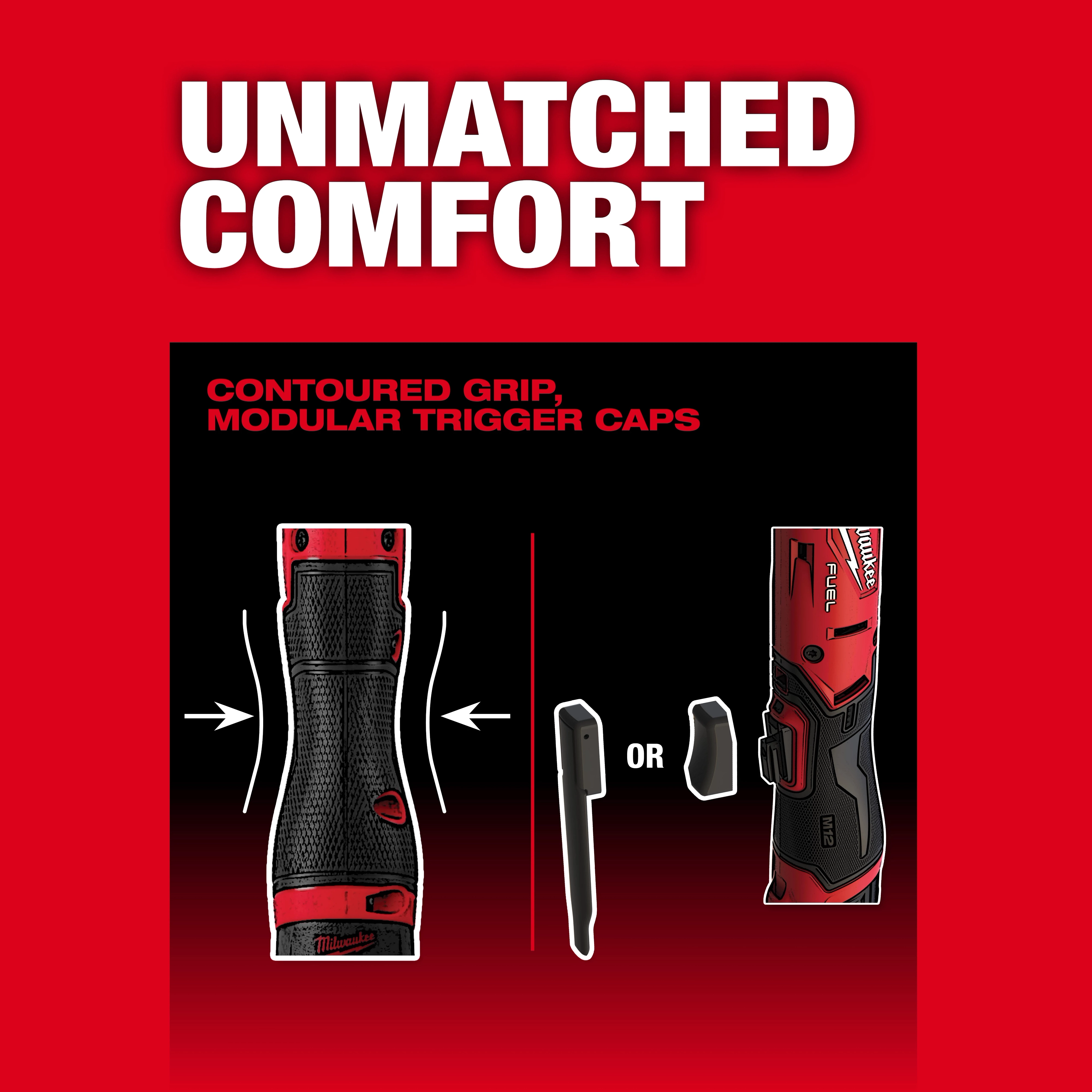 M12 FUEL Ratchet features unmatched comfort with a contoured grip and modular trigger caps. The image emphasizes the ergonomic design and customizable trigger options, enhancing user control and comfort.