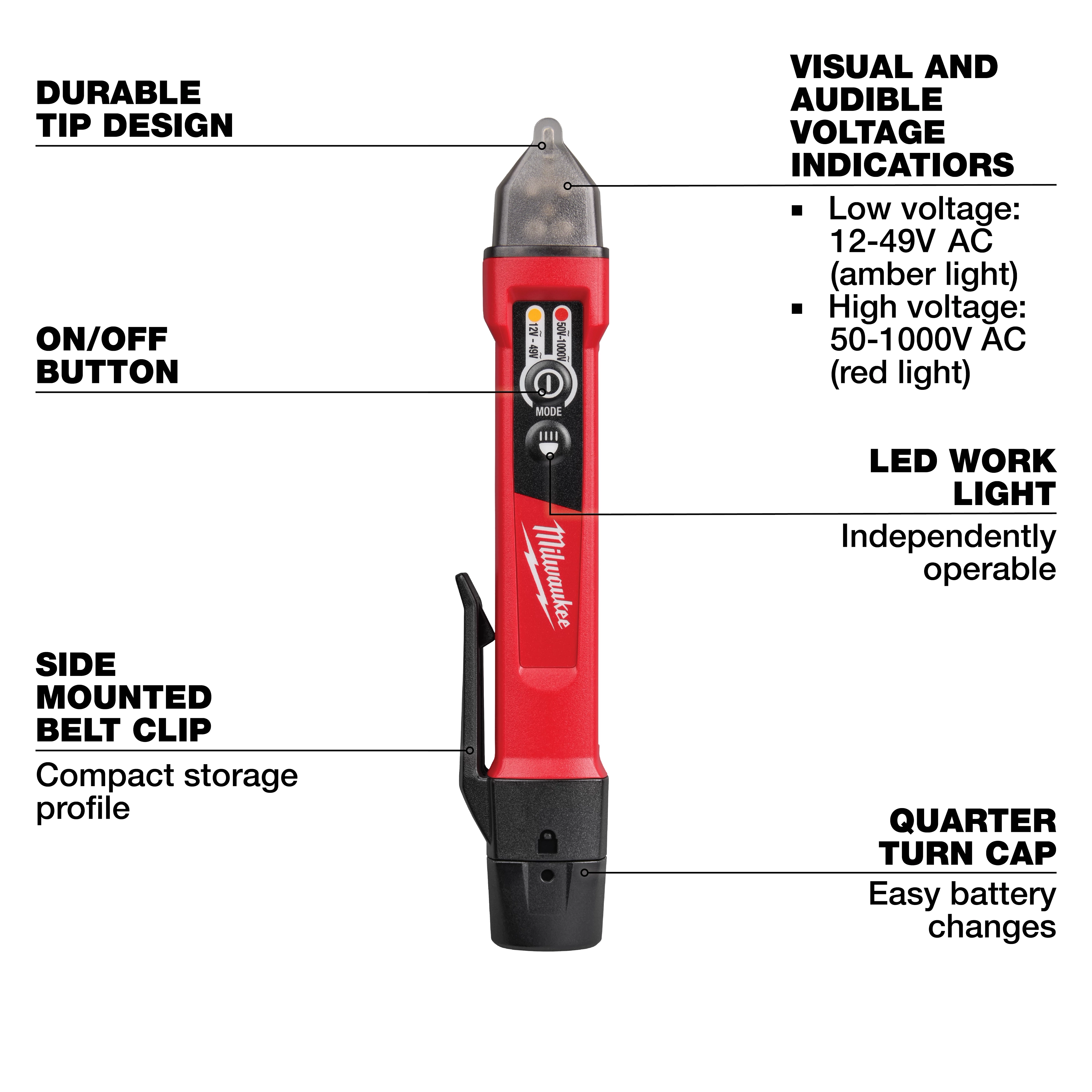 Dual Range Voltage Detector w/ LED, durable tip design, on/off button, belt clip, visual/audible voltage indicators, and LED work light.