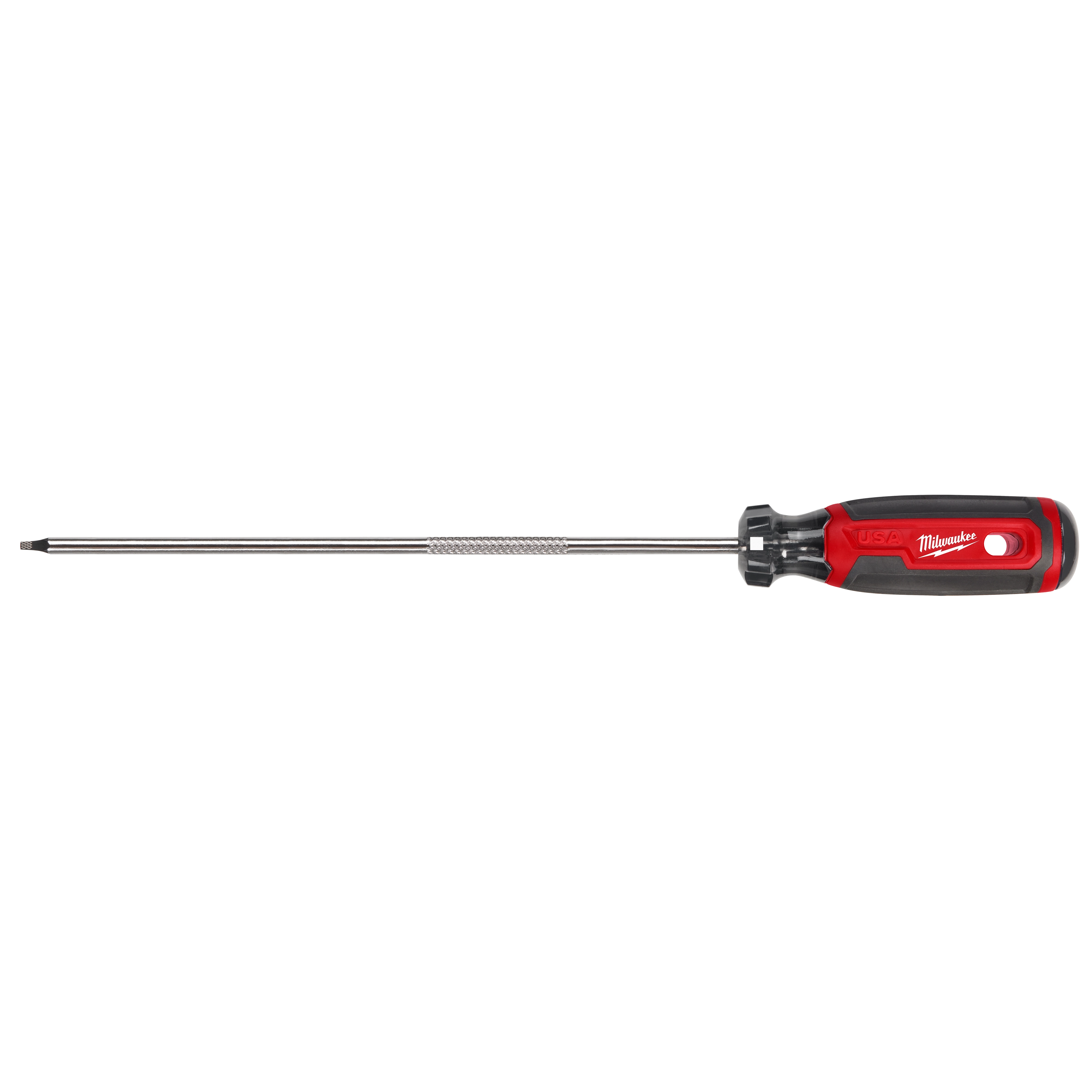 The #1 Square 8" Cushion Grip Screwdriver (USA) features a red and black handle with ergonomic cushioning for comfort, represented by its distinct textured grip. It has a long, sleek metal shaft and a square tip designed for precision in screwdriving tasks. Made in the USA.