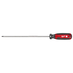 The #1 Square 8" Cushion Grip Screwdriver (USA) features a red and black handle with ergonomic cushioning for comfort, represented by its distinct textured grip. It has a long, sleek metal shaft and a square tip designed for precision in screwdriving tasks. Made in the USA.