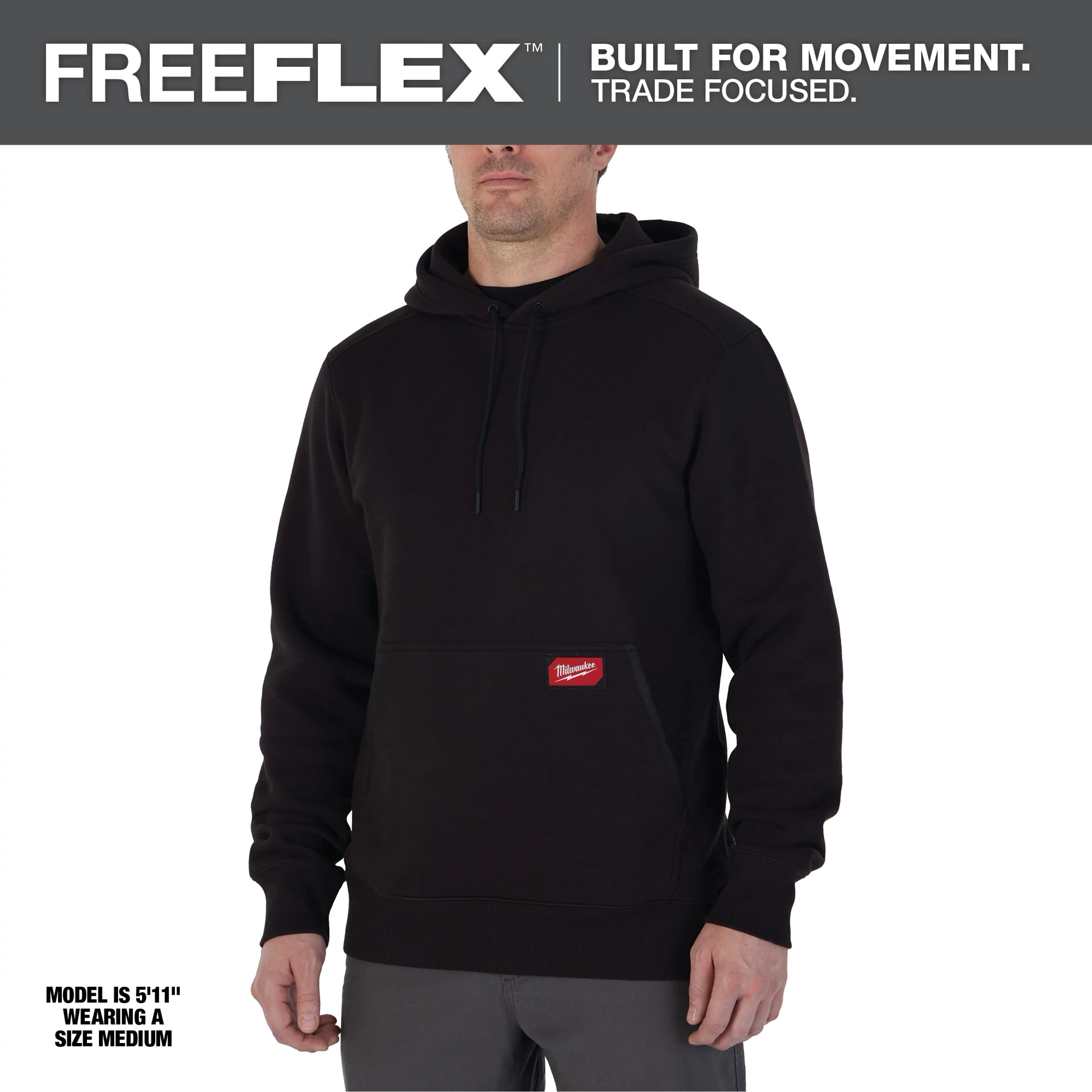 Midweight Pullover Hoodie - Black Primary Image features a front pouch pocket, ribbed cuffs, and hem, designed for flexibility and movement.
