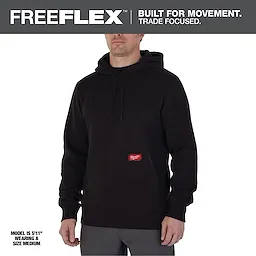 Midweight Pullover Hoodie - Black Primary Image features a front pouch pocket, ribbed cuffs, and hem, designed for flexibility and movement.