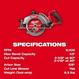 The image shows an M18 FUEL™ 7-1/4" Rear Handle Circular Saw above a list of specifications. The tool has a red and gray design. Key details include 6,000 RPM, 53° max bevel capacity, and 8.3 lbs weight.
