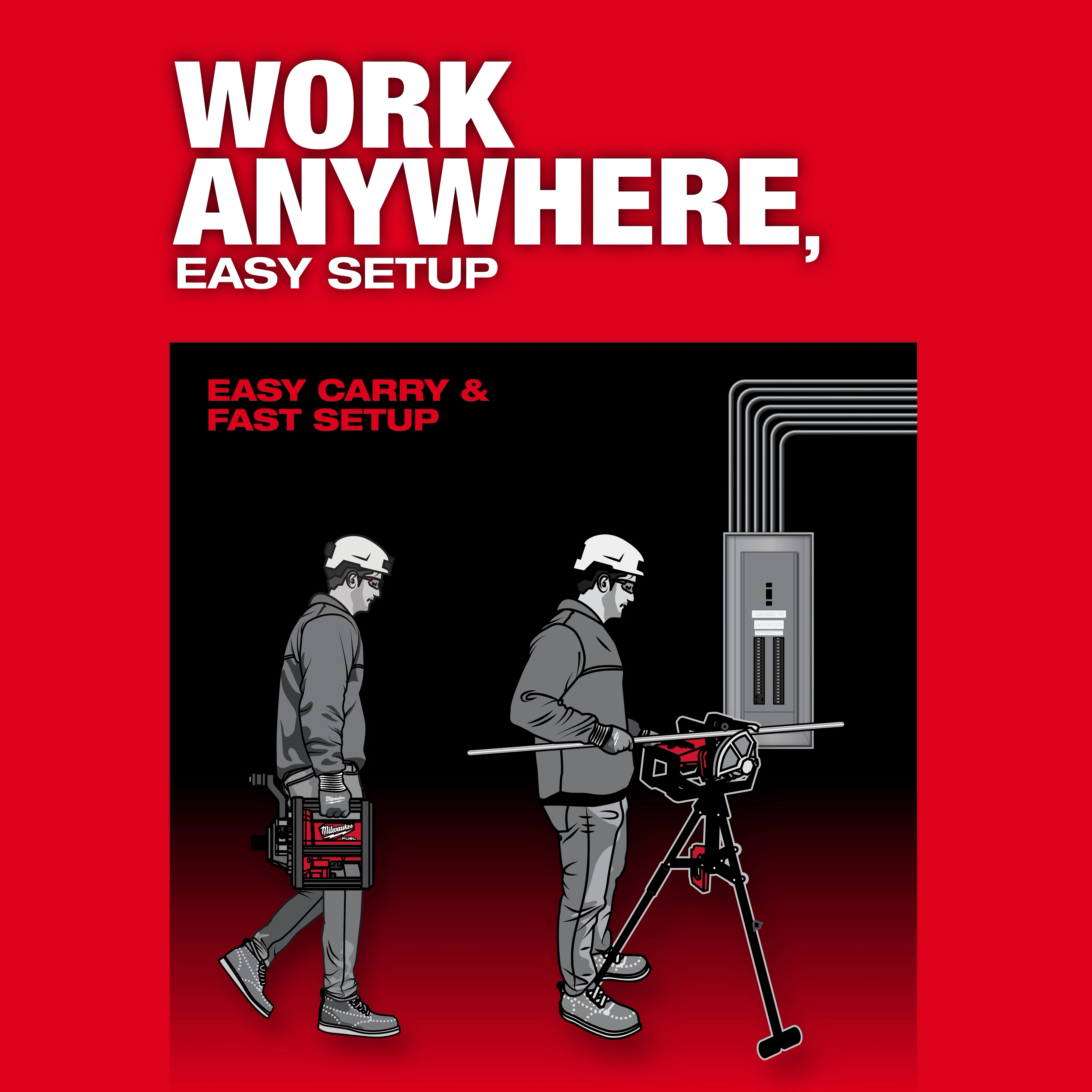 Two workers use the M18 FUEL™ BRANCH CONDUIT BENDER w/ AUTO-ZERO™ for bending conduit. One carries the tool while the other sets it up by a power panel. Text reads "WORK ANYWHERE, EASY SETUP" and "EASY CARRY & FAST SETUP" against a red background.