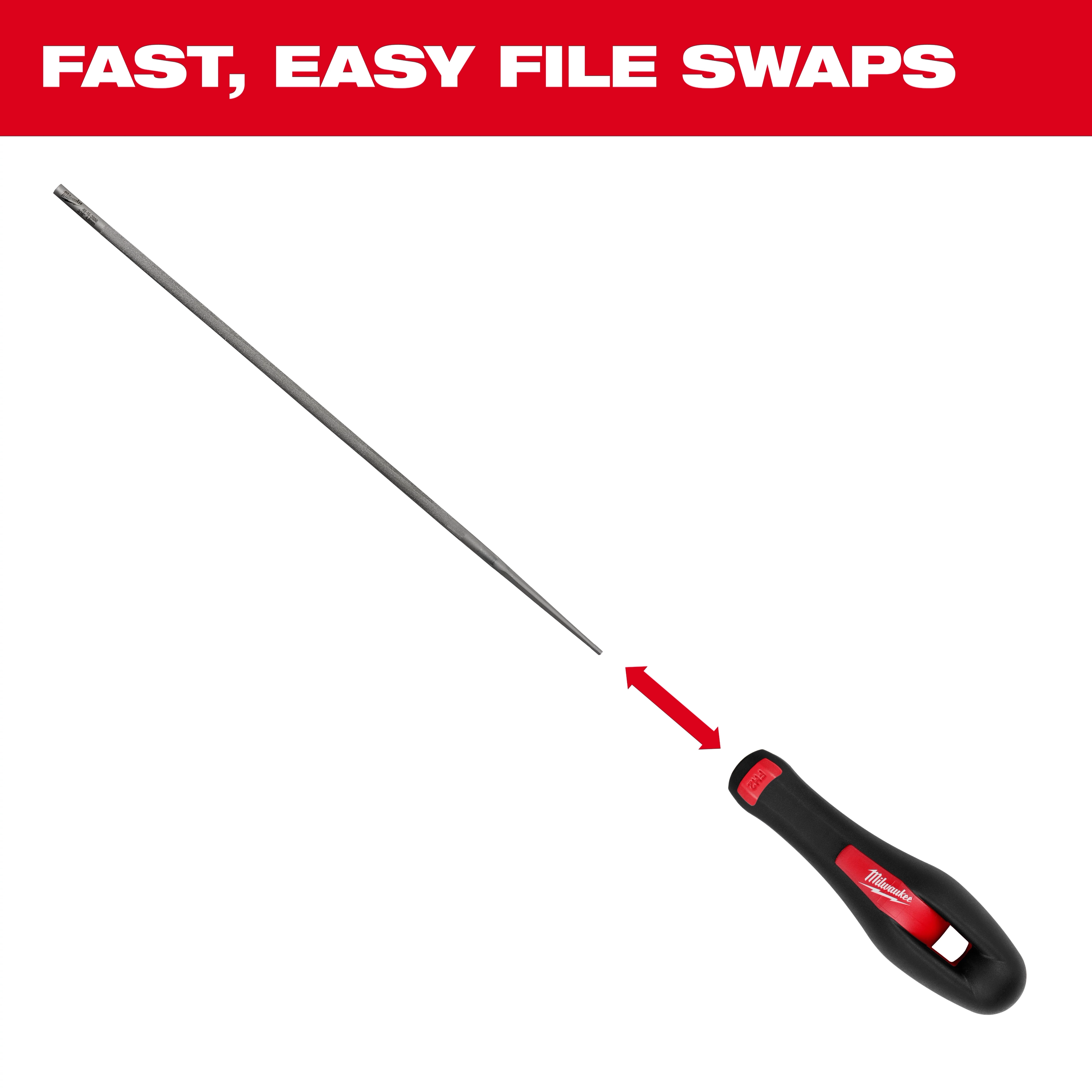 Round File Handle with a black and red grip, designed for fast and easy file changes. The detachable round file is shown next to the handle, illustrating the product's functionality.