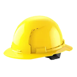 Yellow construction hard hat, side view, with a brim and internal adjustment strap.