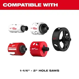 The image shows 5PK Large Thread Adapters for QUIK-LOK™ Arbors. It illustrates compatibility with various hole saws, including white "Hole Dozer" and red "BigHawg" and "Milwaukee" models, fitting sizes 1-1/4" to 2".