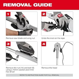 Step-by-step removal guide for the 16' Pole Saw & Pruner Replacement Head with gloved hands and tools.