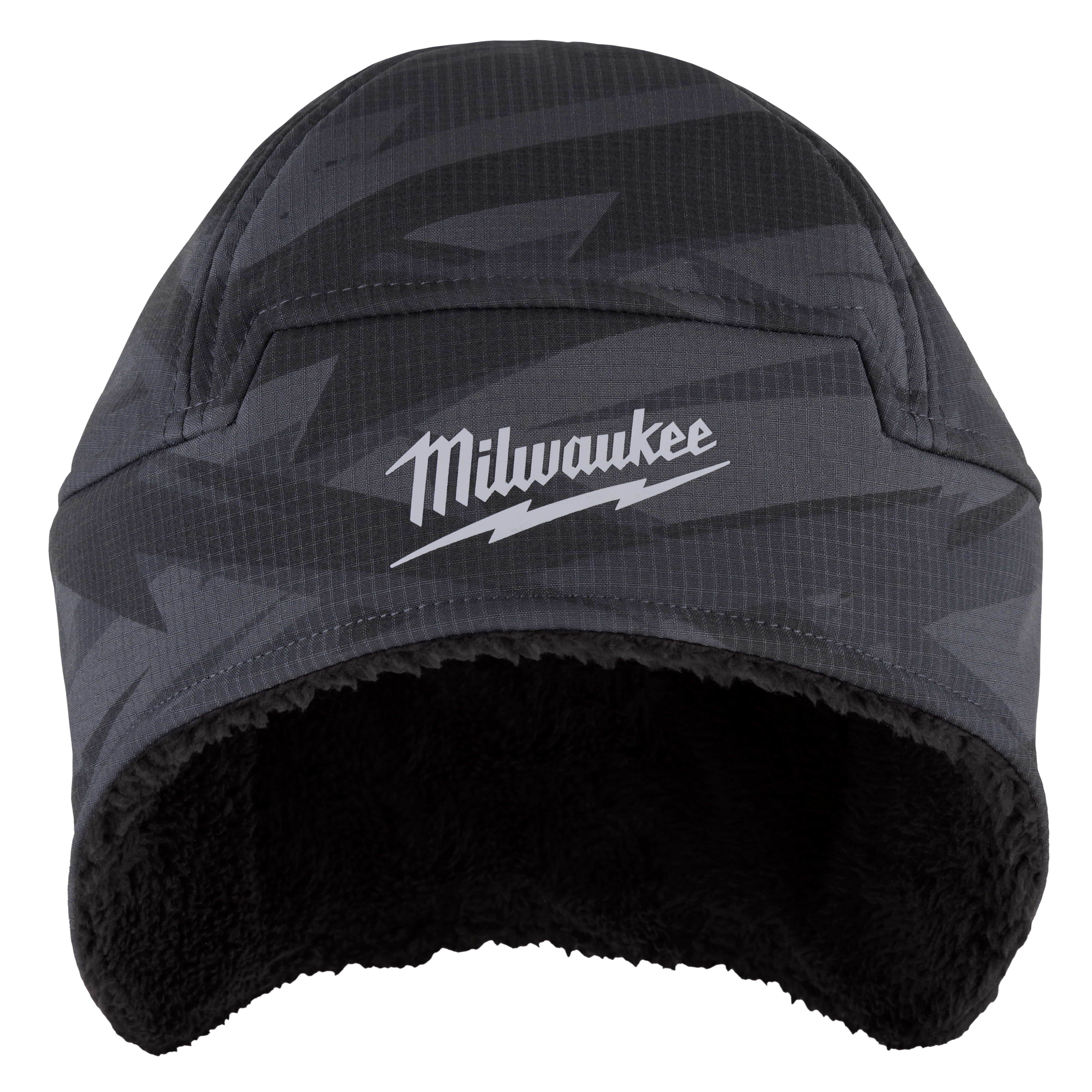 Milwaukee Sherpa-Lined Beanie in dark grey with a camouflage pattern. The interior is lined with black sherpa fleece.