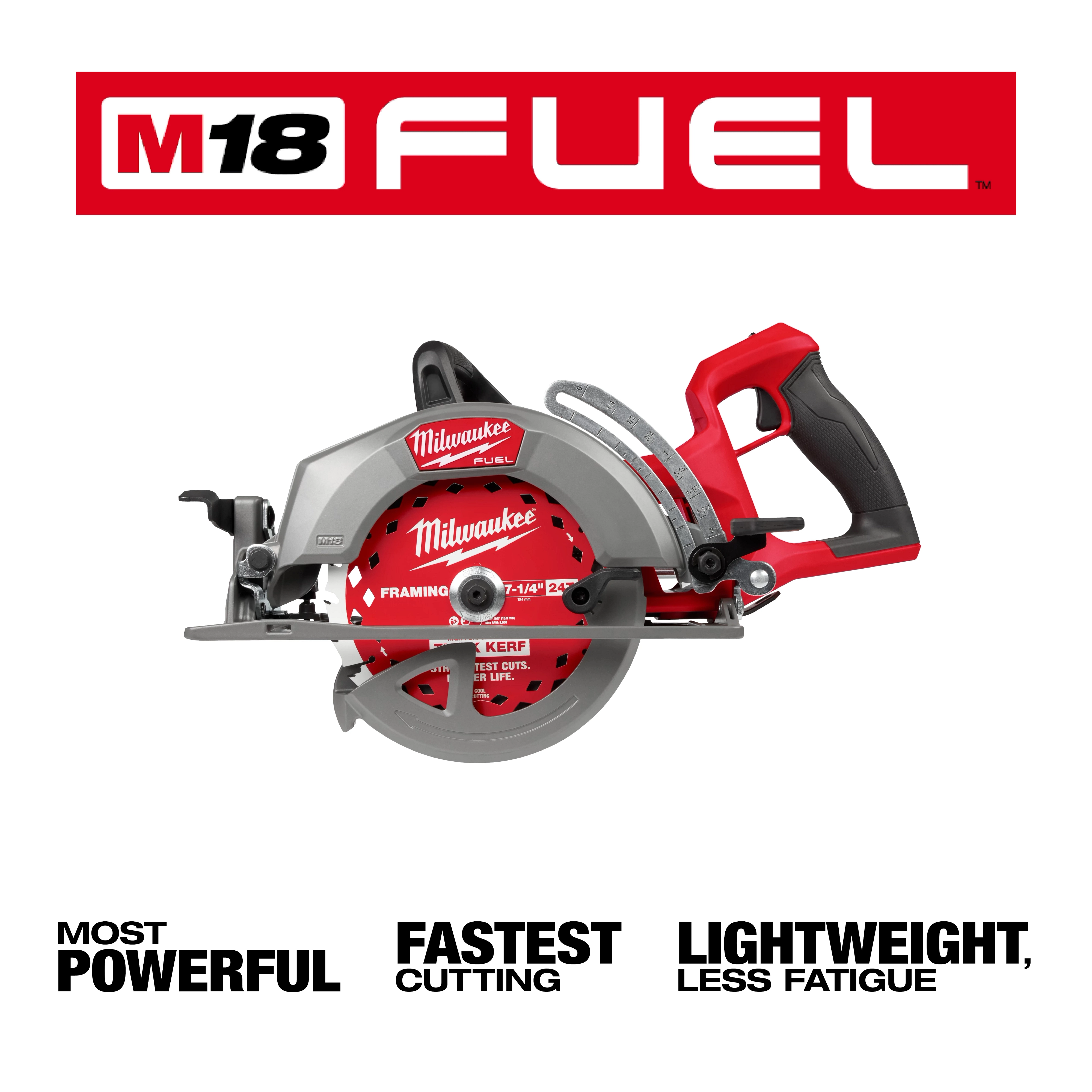 The image shows an M18 FUEL™ 7-1/4" Rear Handle Circular Saw by Milwaukee. The saw has a red and silver body with black handles. Text highlights it as "most powerful," "fastest cutting," and "lightweight, less fatigue." The M18 FUEL™ logo is at the top.
