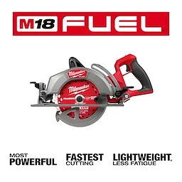The image shows an M18 FUEL™ 7-1/4" Rear Handle Circular Saw by Milwaukee. The saw has a red and silver body with black handles. Text highlights it as "most powerful," "fastest cutting," and "lightweight, less fatigue." The M18 FUEL™ logo is at the top.
