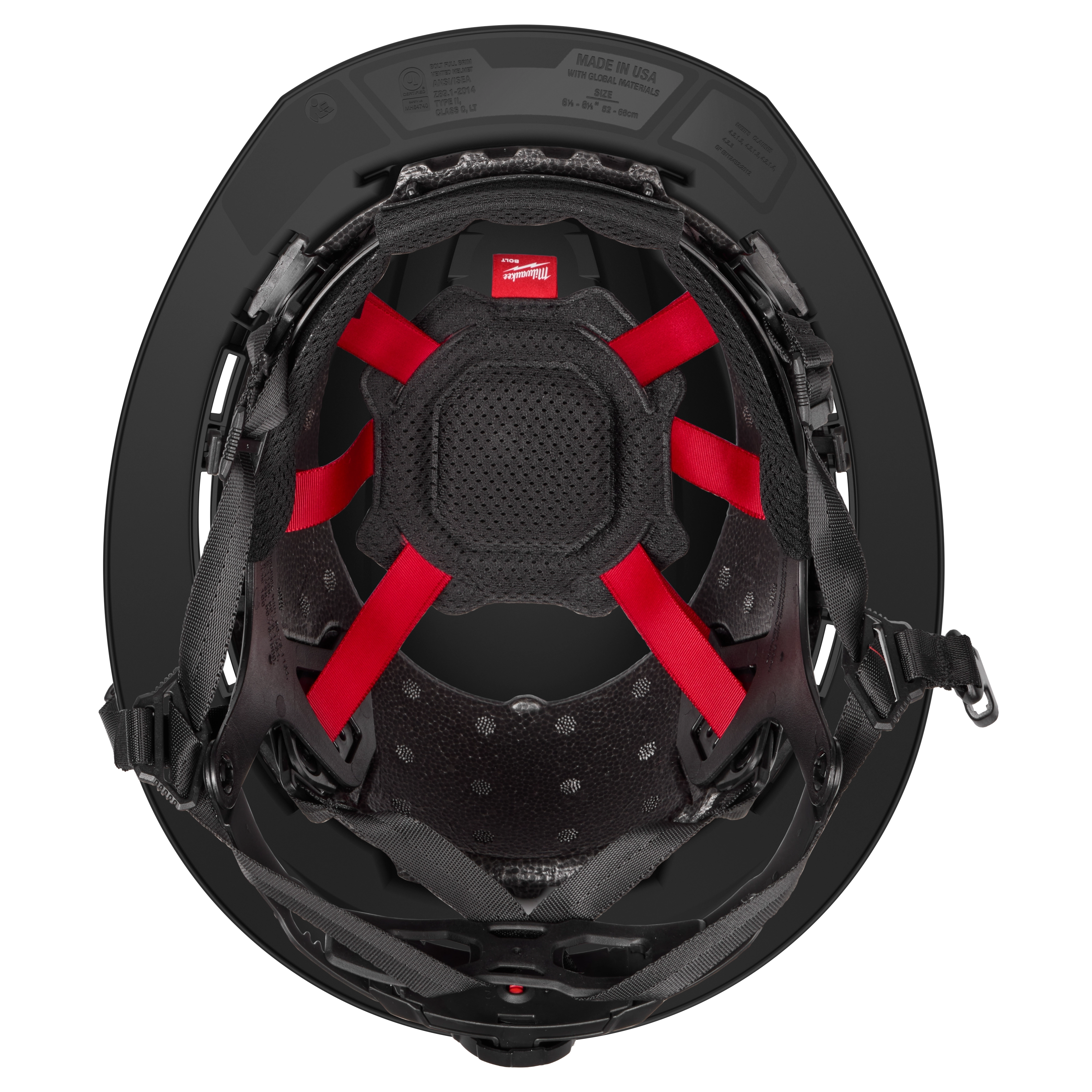 The BOLT™ Black Full Brim Vented Safety Helmet – Type 2, Class C features a black exterior with red internal straps for head support. It has ventilation holes, adjustable side clips, and a padded center for comfort. Made in the USA, it's designed for professional safety wear.