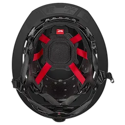 The BOLT™ Black Full Brim Vented Safety Helmet – Type 2, Class C features a black exterior with red internal straps for head support. It has ventilation holes, adjustable side clips, and a padded center for comfort. Made in the USA, it's designed for professional safety wear.