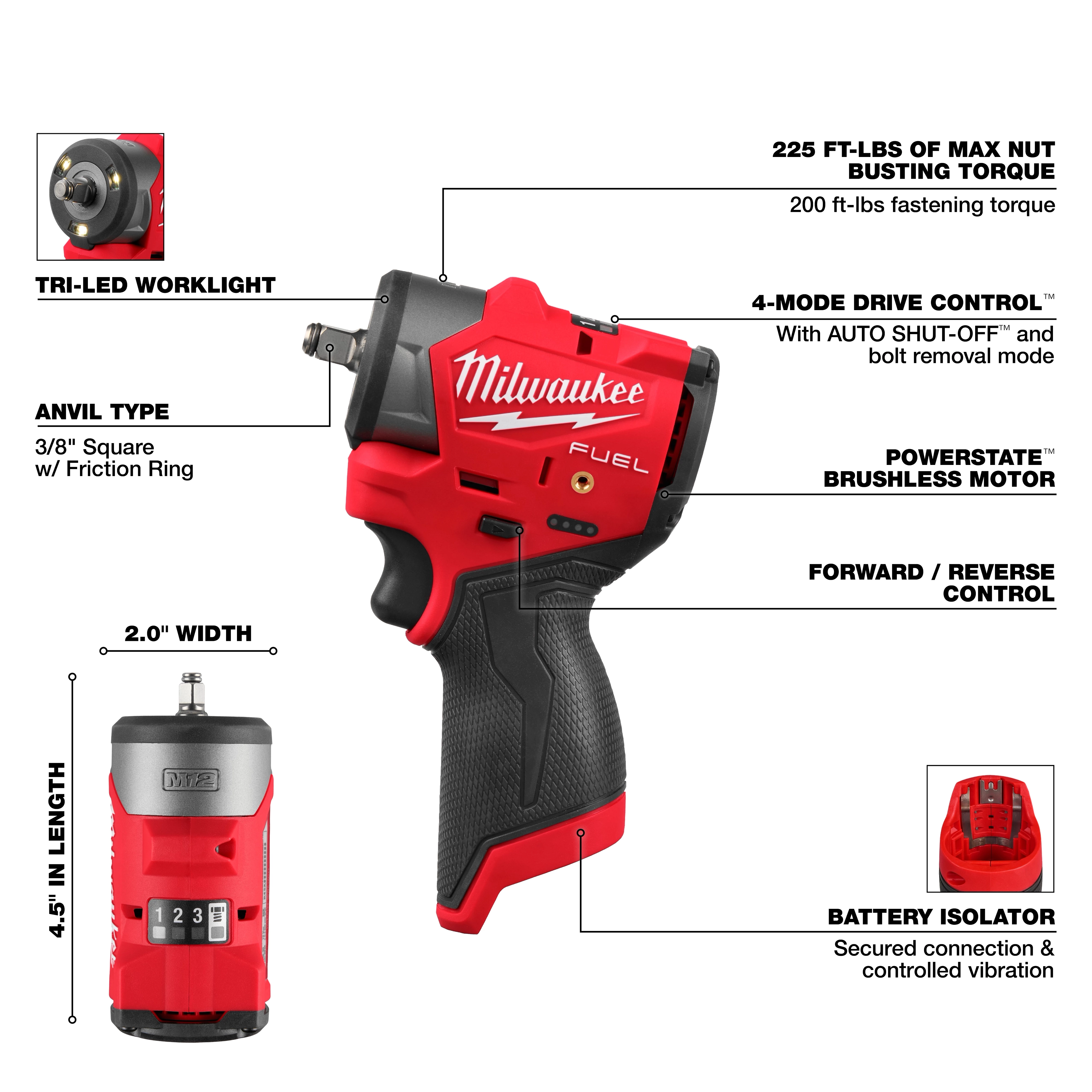 Milwaukee M12 FUEL 3/8" Subcompact Impact Wrench with Friction Ring features a Powerstate brushless motor, tri-LED work light, 4-Mode drive control with auto shut-off, forward/reverse control, and a battery isolator. It offers 225 ft-lbs of maximum nut-busting torque and 200 ft-lbs of fastening torque.