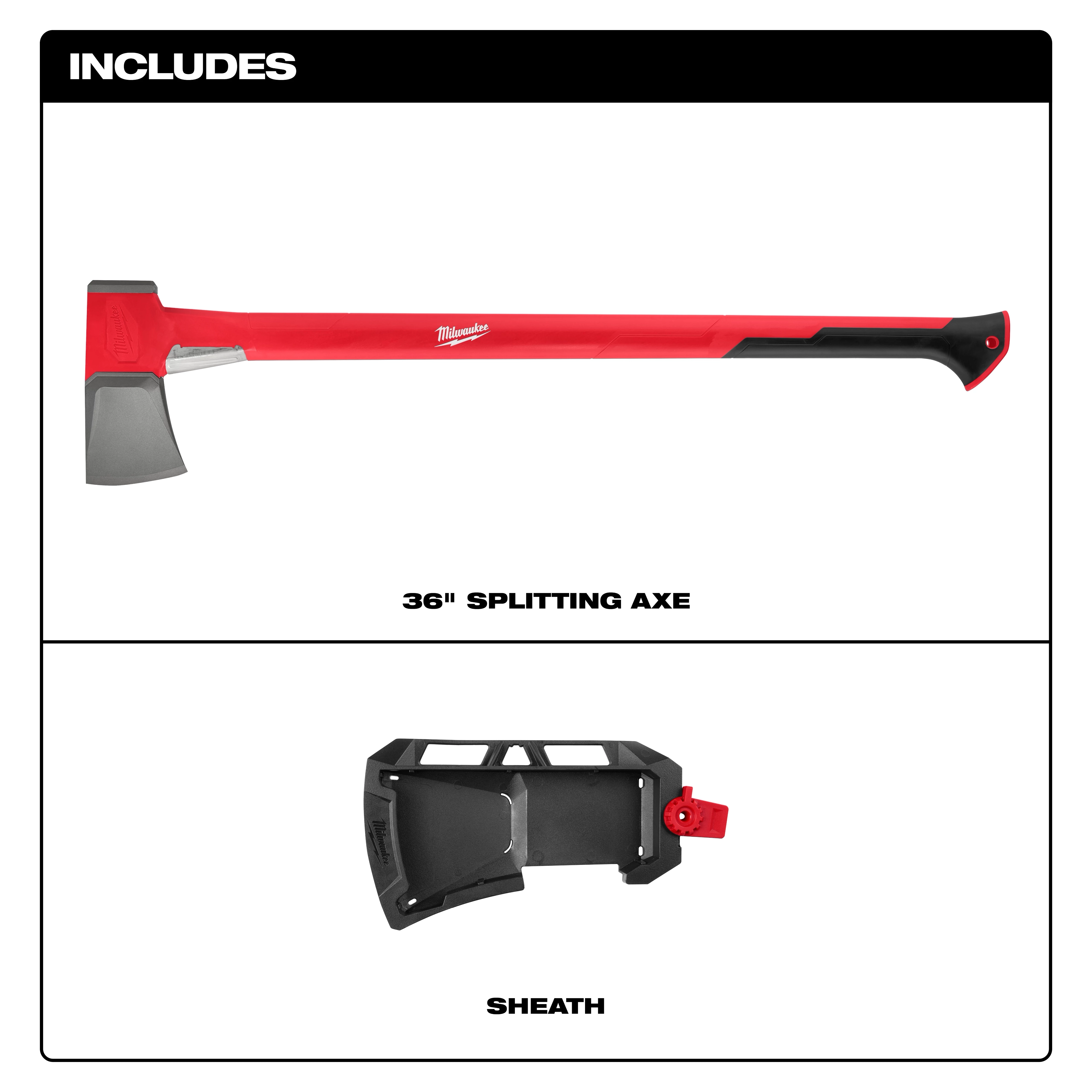 36" Splitting Axe with a red and black handle, and a matching black sheath with a red clasp included.