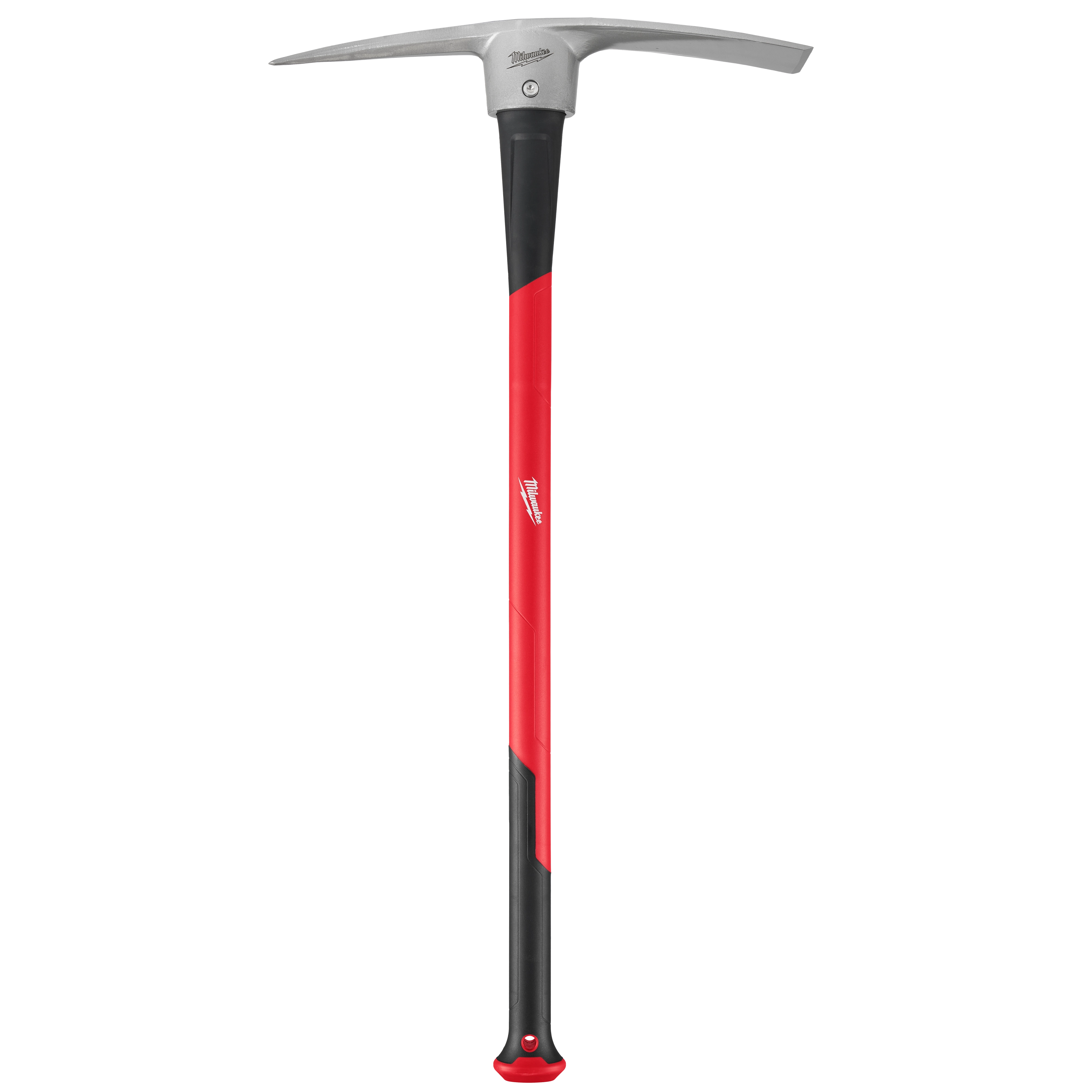 The 5lb Pick Mattock (34" Handle) has a durable, red and black fiberglass handle with a forged steel head. It is designed for heavy-duty digging and chopping in tough soil and roots.