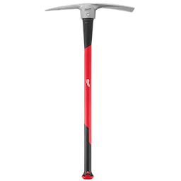 The 5lb Pick Mattock (34" Handle) has a durable, red and black fiberglass handle with a forged steel head. It is designed for heavy-duty digging and chopping in tough soil and roots.