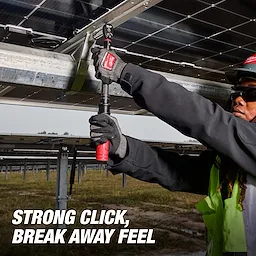 Worker using a 3/8” Drive Click Torque Wrench (20-100 ft·lbf) on metal structures with solar panels, text reads "STRONG CLICK, BREAK AWAY FEEL."