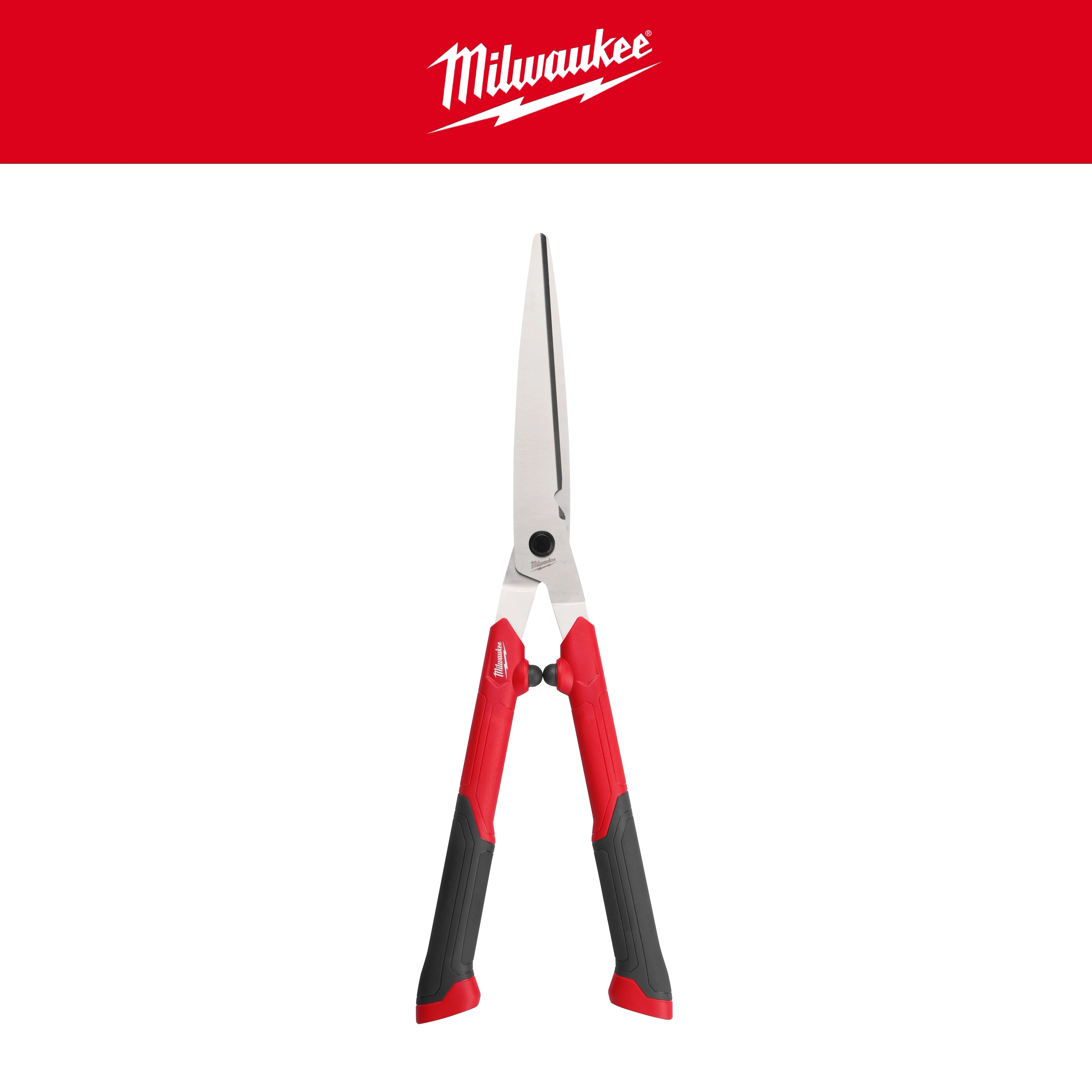 10” Hedge Shears with long metal blades and red and black handles centered on a white background.