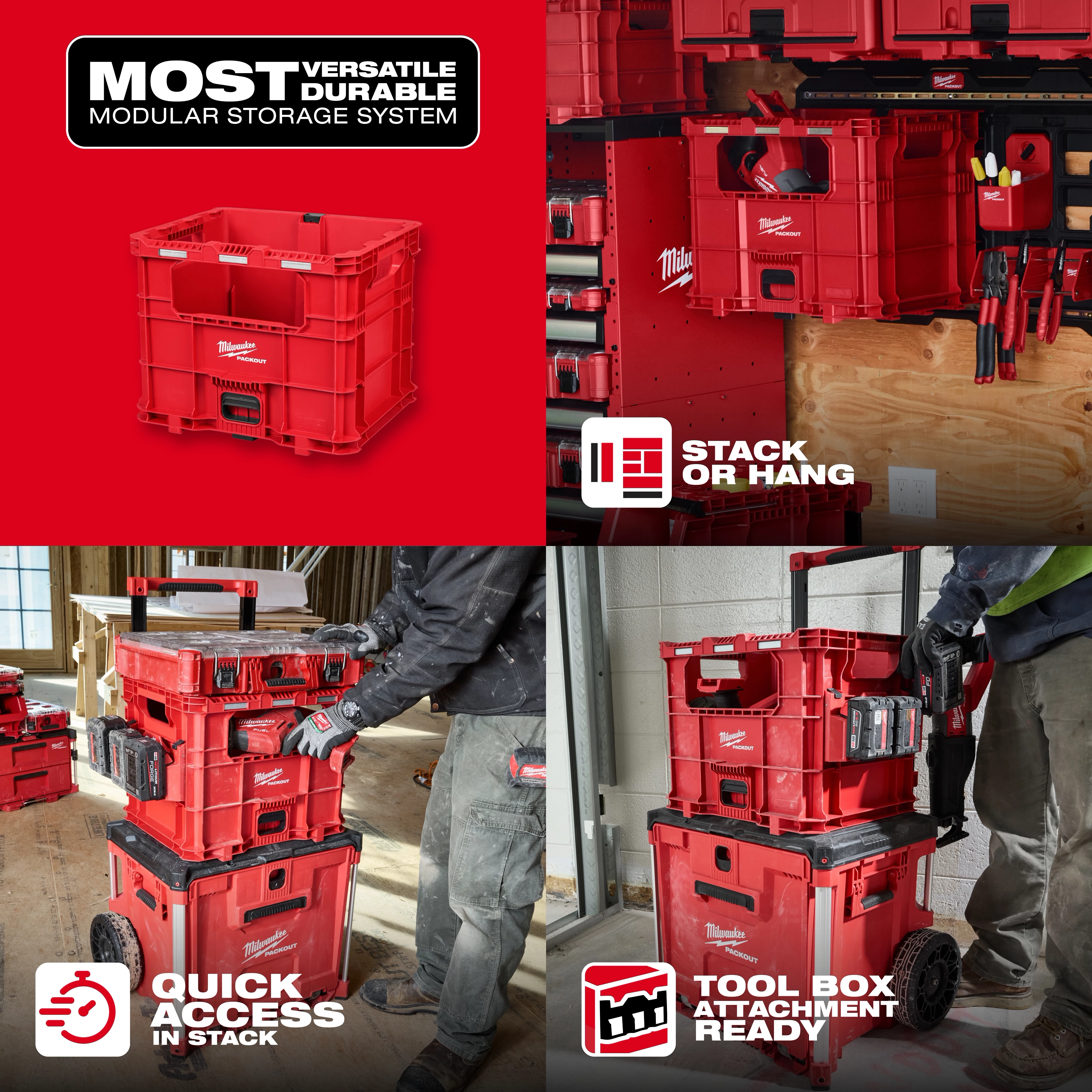 PACKOUT XL Crate modular storage box stacked on red tool boxes in workshop and jobsite scenes.