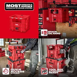 PACKOUT XL Crate modular storage box stacked on red tool boxes in workshop and jobsite scenes.