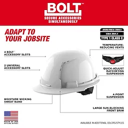 Digital poster showcasing the BOLT™ White Front Brim Vented Hard Hat w/4pt Ratcheting Suspension (USA) - Type 1, Class C. It features labeled components including 4 BOLT™ accessory slots, 2 universal accessory slots, temperature-reducing vents, a quick-adjust ratcheting suspension, a moisture-wicking sweatband, 4-point suspension, and a large sun-blocking front brim. There’s also a 'Made in USA' label and certification details (ANSI/ISEA Z89.1, CSA Z94.1). The tagline says, "Adapt to Your Jobsite."