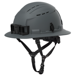 BOLT™ Gray Full Brim Vented Safety Helmet – Type 2, Class C features gray color, full-brim design, vented slots on top, and adjustable straps for a secure fit.