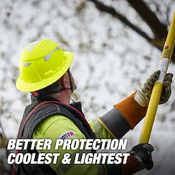 A worker wearing a BOLT™ Full Brim Safety Helmet in bright yellow operates outdoors, gripping a long yellow tool. The helmet features enhanced protection and ventilation. The image highlights the product's superior safety, comfort, and lightweight design with the text "Better Protection, Coolest & Lightest."