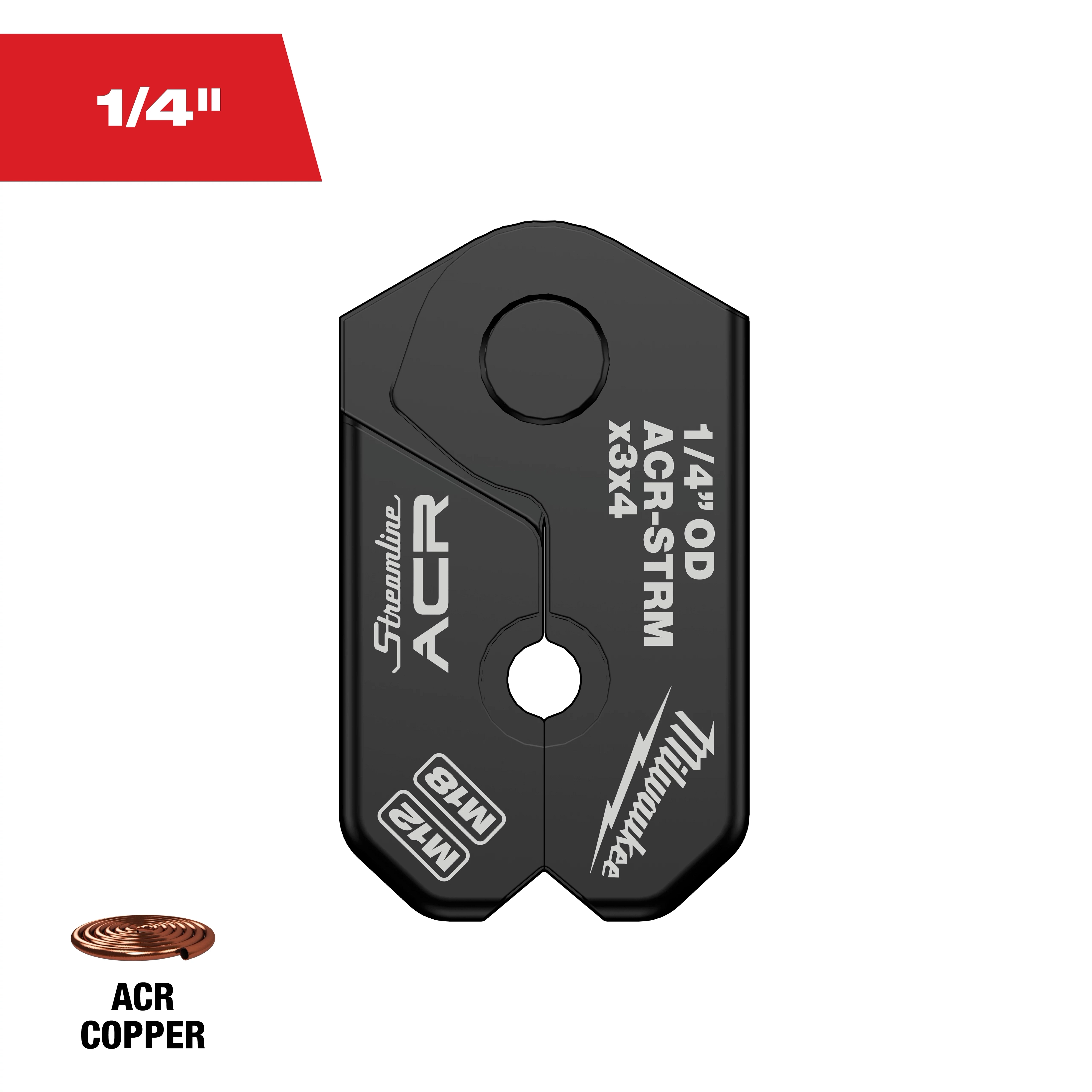 The 1/4" Streamline® ACR Pivoting Press Ring is a black tool attachment for ACR copper pipes. It features the Streamline ACR and Milwaukee logos, and specifications such as 1/4" OD and M12.