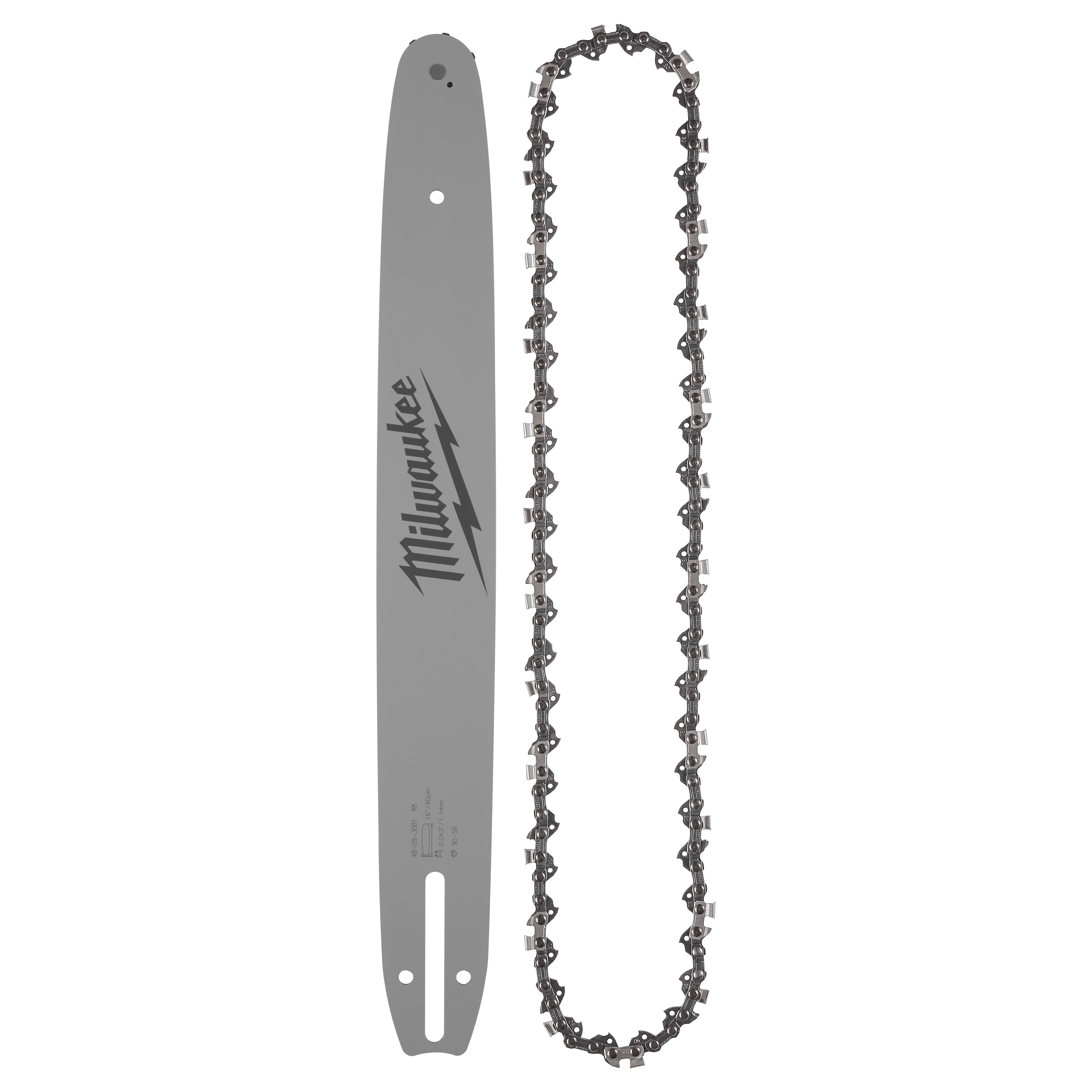 16" x 3/8" Low Profile Pitch, .043" Gauge Saw Chain and Guide Bar Set, featuring a grey guide bar and matching chain.