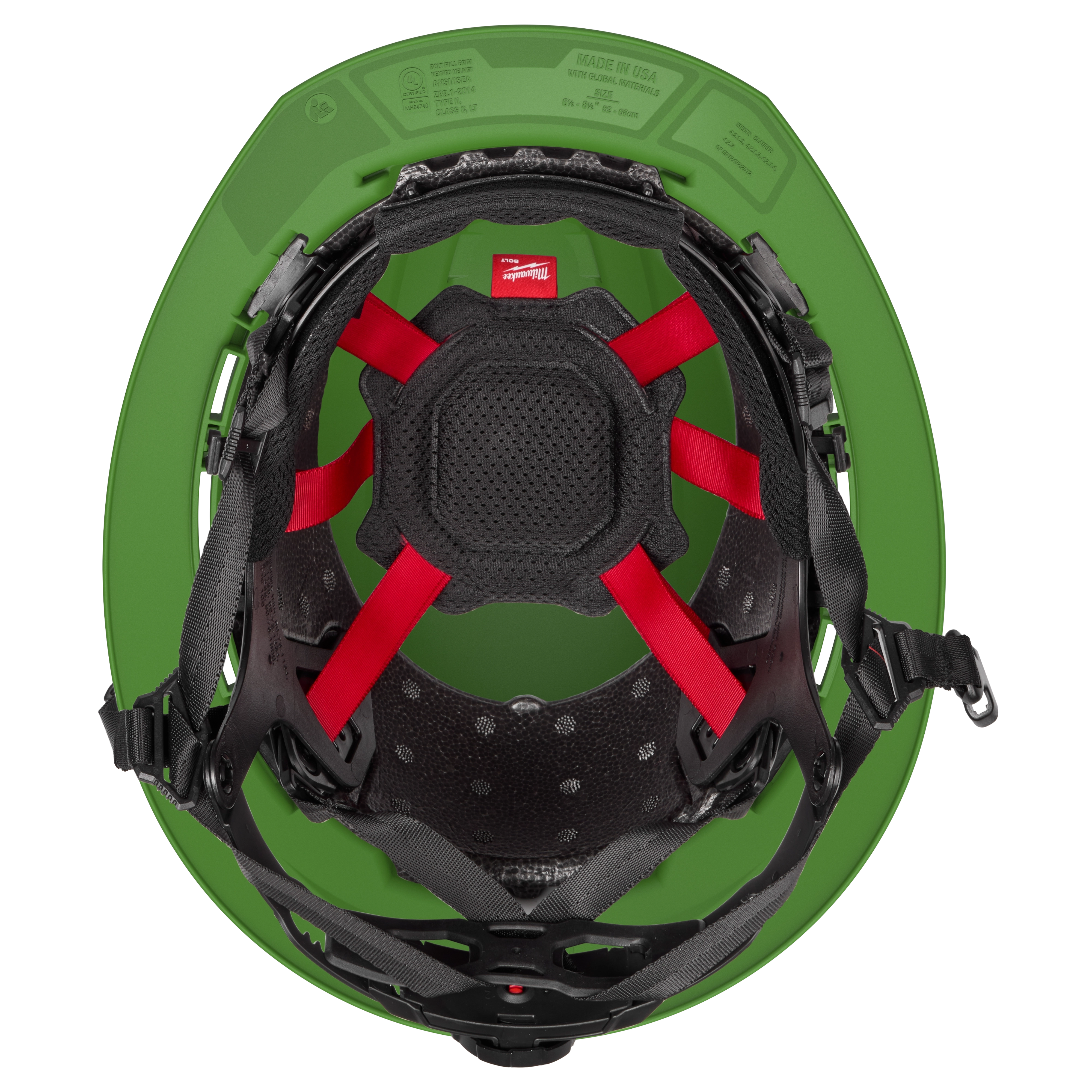 The BOLT™ Green Full Brim Vented Safety Helmet – Type 2, Class C is shown from above, highlighting its internal cushioning, red adjustment straps, black harness system, and vented design for air circulation.