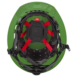 The BOLT™ Green Full Brim Vented Safety Helmet – Type 2, Class C is shown from above, highlighting its internal cushioning, red adjustment straps, black harness system, and vented design for air circulation.