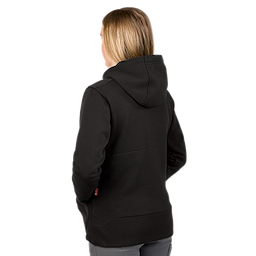 The image shows a woman from the back wearing an M12™ Women's Heated Hoodie in black. She has shoulder-length blonde hair and the hoodie features a hood and long sleeves.
