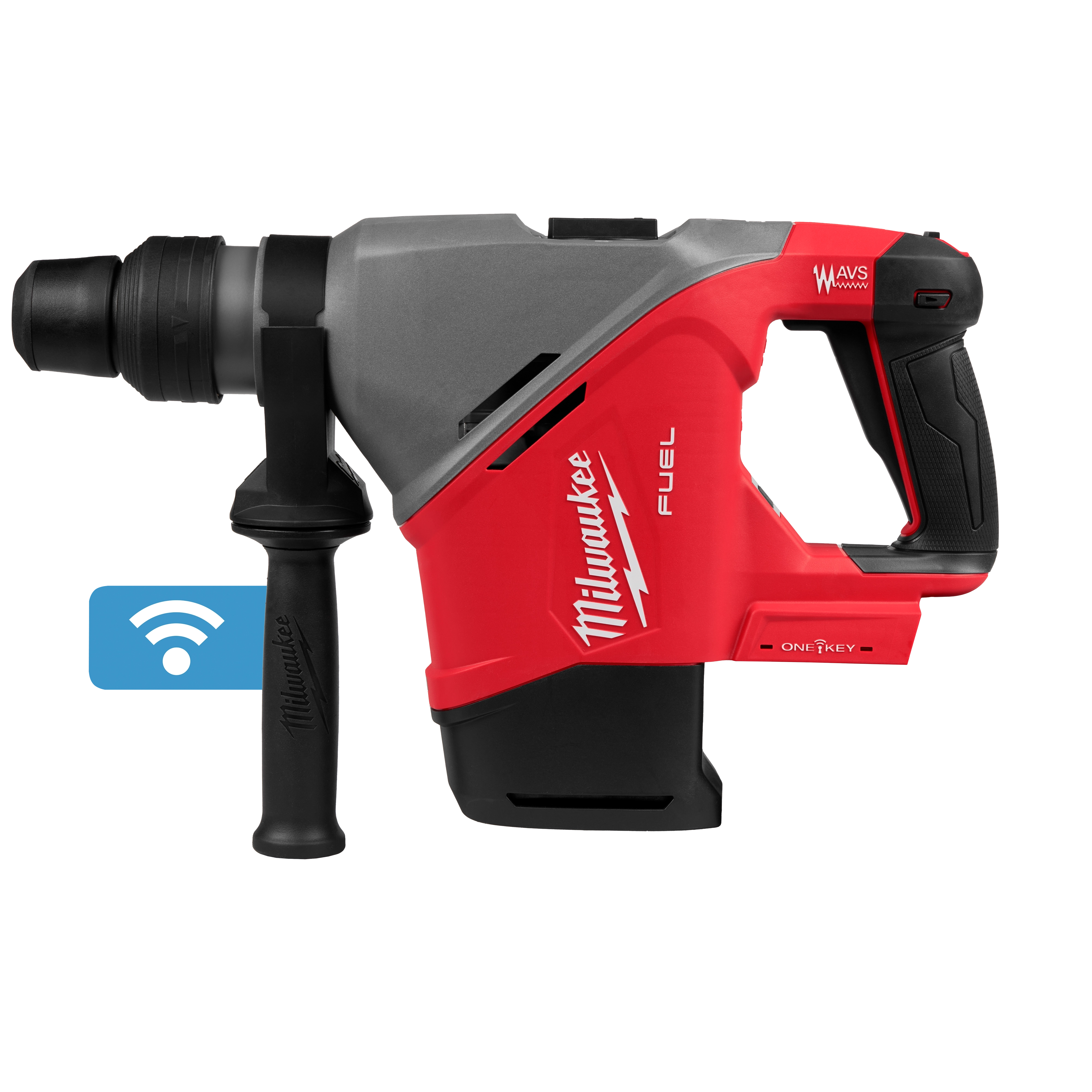 The image displays the Milwaukee M18 FUEL™ 1-9/16" SDS Max Rotary Hammer with ONE-KEY™. The tool features a red and gray design, side handle for stability, and a wireless connection icon, indicating its ONE-KEY™ compatible smart capabilities.
