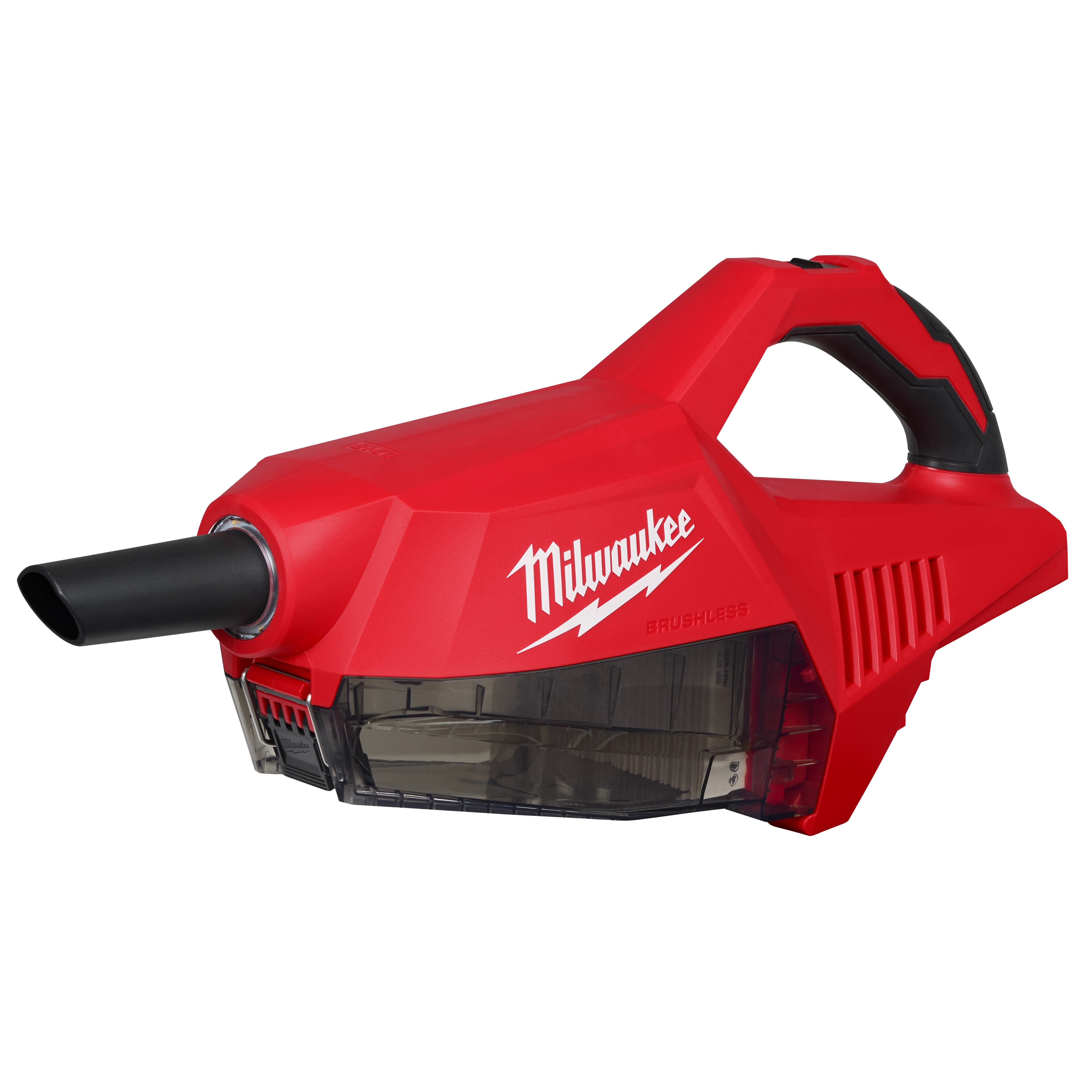 Milwaukee's M18™ Brushless Handheld Vacuum is a compact, red vacuum featuring a black nozzle and handle grip designed for ease of use. It has a clear dust container located beneath the brand's logo. Efficient for quick clean-ups, it utilizes brushless motor technology for extended longevity and performance.