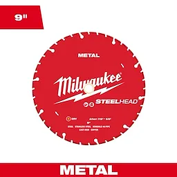 Milwaukee’s 9” STEELHEAD Metal Cutting Diamond Blade features a red circular design with a jagged rim. The blade cuts steel, stainless steel, Schedule 40 pipe, cast iron, and copper. Marked with "METAL" and "DRY." It includes arbor sizes 7/8" and 5/8".