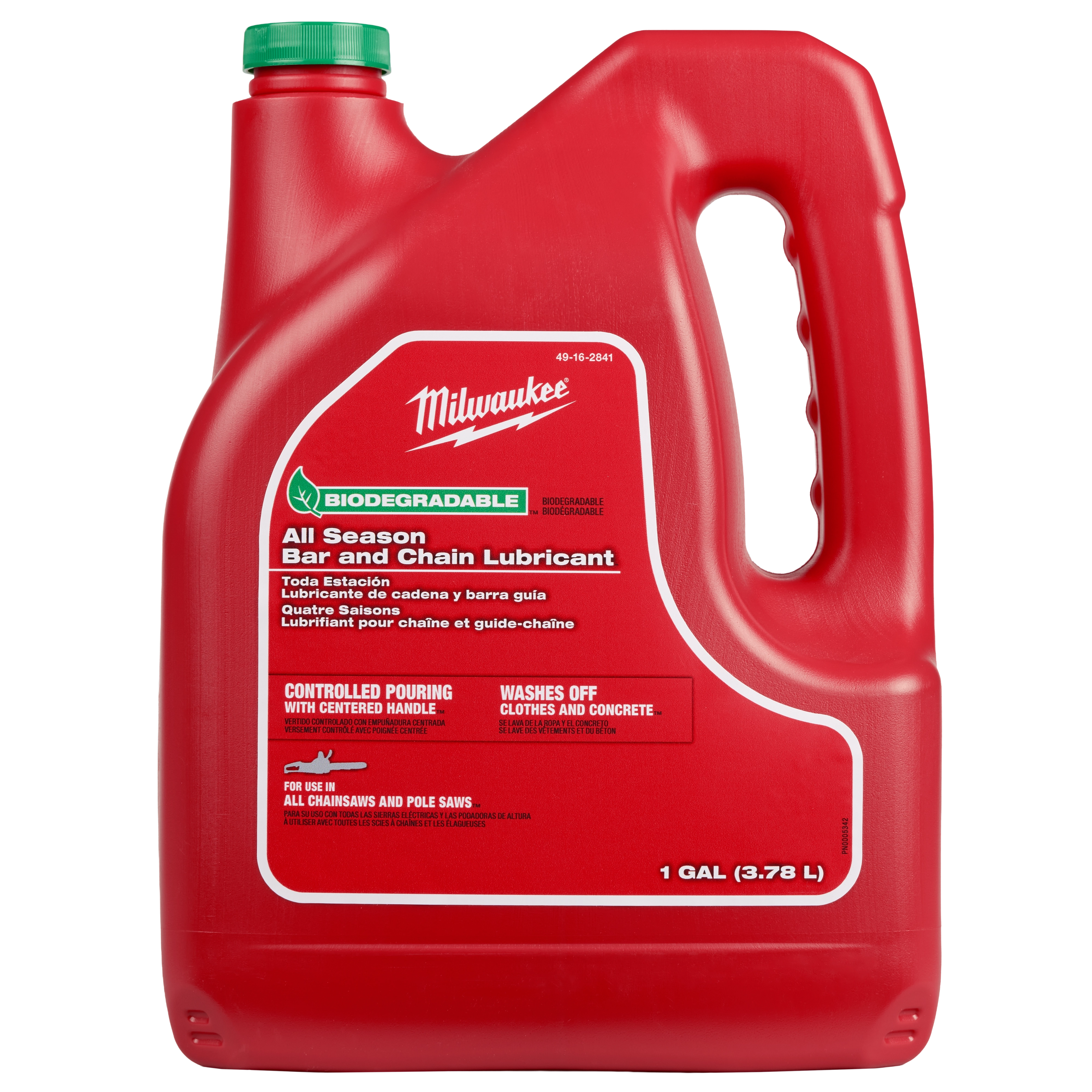 The 1 Gallon Biodegradable All Season Bar and Chain Lubricant by Milwaukee is shown in a red container with a green cap. The label highlights it is for use with all chainsaws and pole saws, offers controlled pouring, and washes off clothes and concrete.