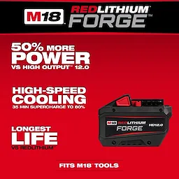 M18 REDLITHIUM FORGE HD12.0 Battery Pack offers 50% more power, high-speed cooling, and the longest life. Fits M18 tools.