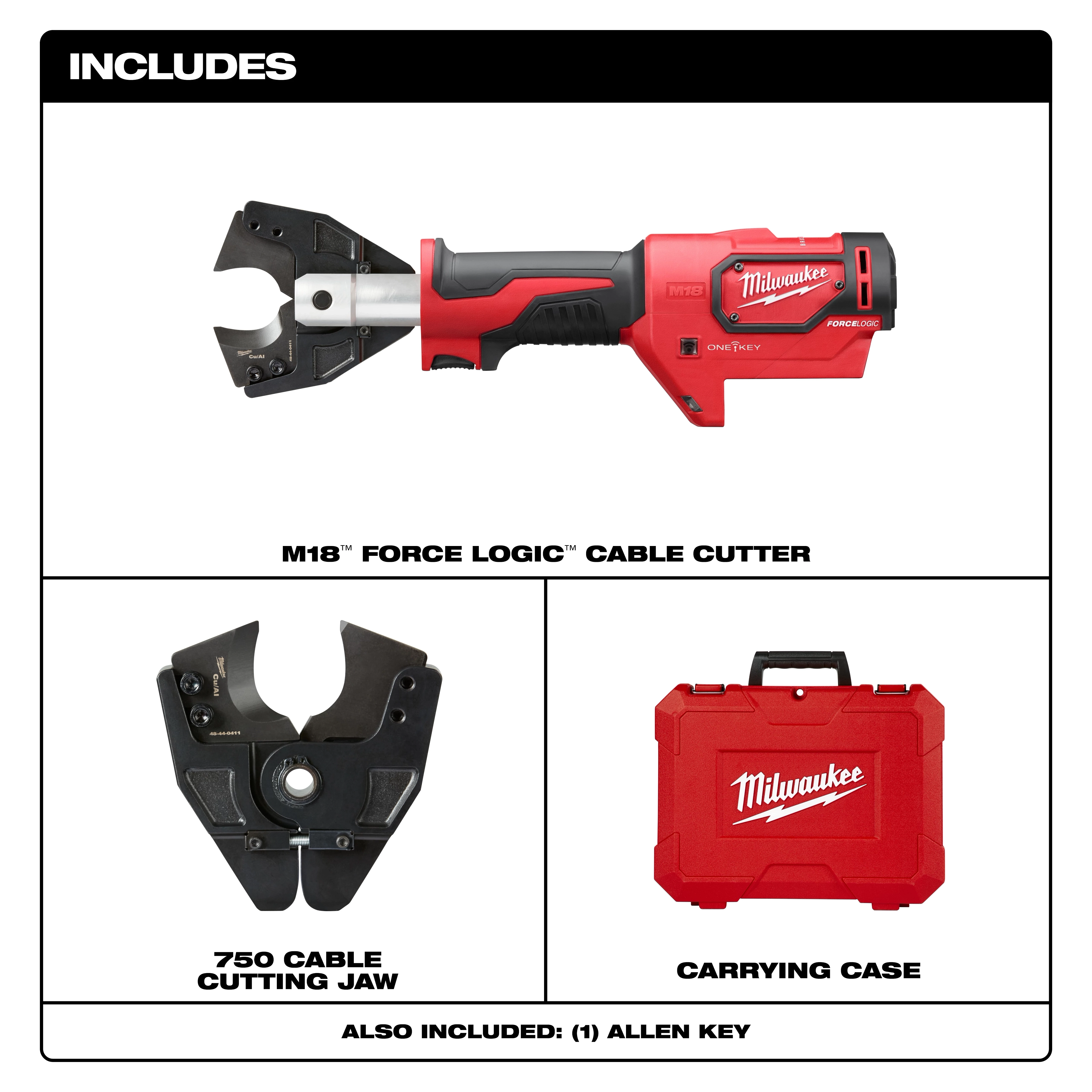 The M18™ FORCE LOGIC™ Cable Cutter set includes the main cable cutter tool, a 750 cable cutting jaw, a red carrying case, and one Allen key. The cable cutter features a durable, ergonomic design and is compatible with ONE-KEY™ technology for enhanced performance and ease of use.