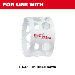 The image features a white hole saw with the brand name "Milwaukee Hole Dozer" for use with 1-1/4" to 2" hole saws. It is compatible with 5PK Large Thread Adapters for QUIK-LOK™ Arbors.