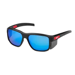 Polarized Full Frame Safety Glasses feature blue mirrored dual coat lenses and removable side shields. The black frames have red accents on the temples for enhanced style and protection. Suitable for various industrial applications, these glasses offer optimal clarity and eye safety.