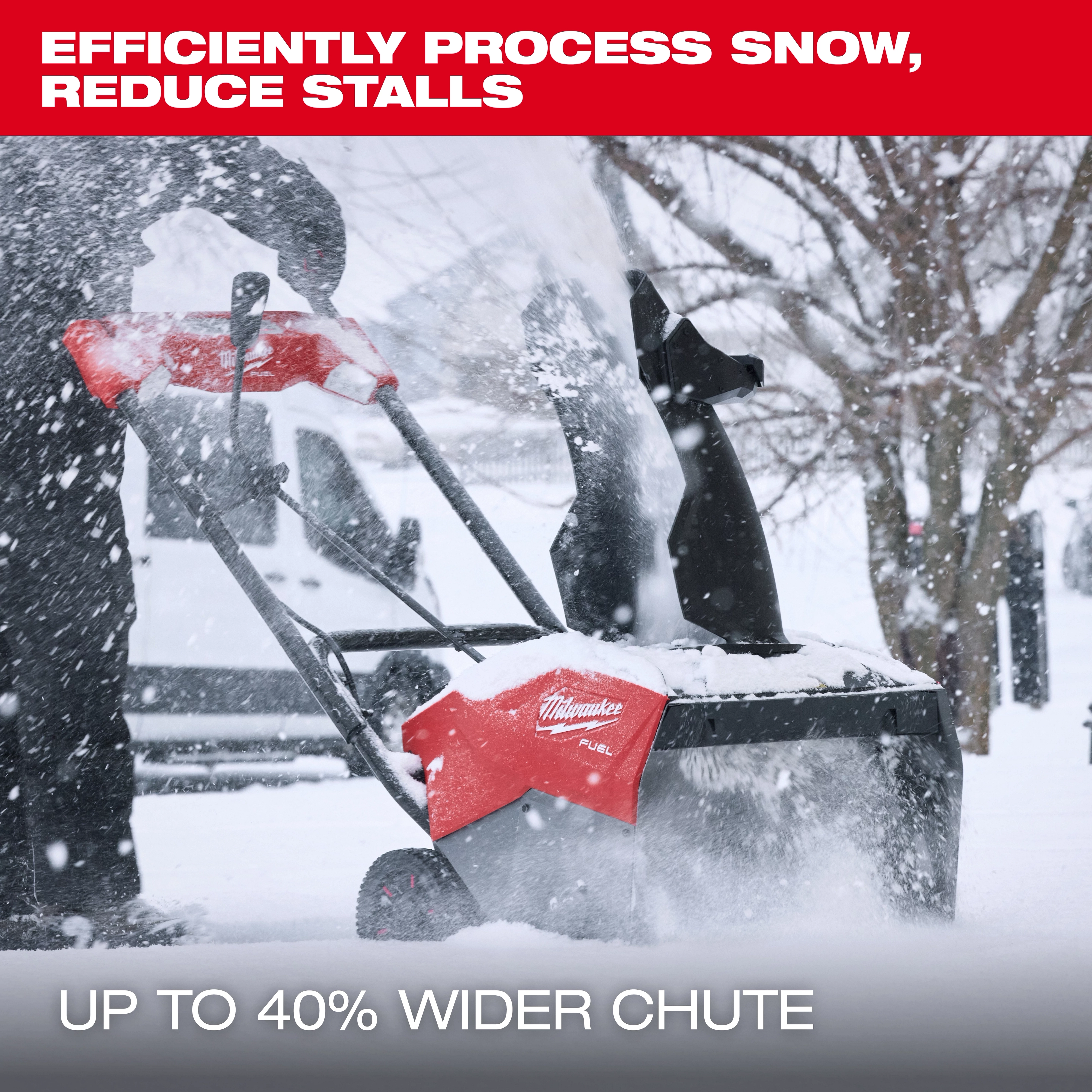 The M18 FUEL™ 21" Auger Propelled Dual Battery Single Stage Snow Blower is operating in a snowy environment, efficiently processing snow. The red and black machine is expelling snow through a wider chute, as indicated by the text in the image.
