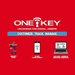 Red background with "ONE-KEY™ Unlocking the Digital Jobsite™" text. Below is "CUSTOMIZE. TRACK. MANAGE." In a blue banner. Displays an M18 FUEL™ 1" High Torque Impact Wrench w/ ONE-KEY™, a smartphone, and a laptop, illustrating wireless syncing and online/mobile record keeping.