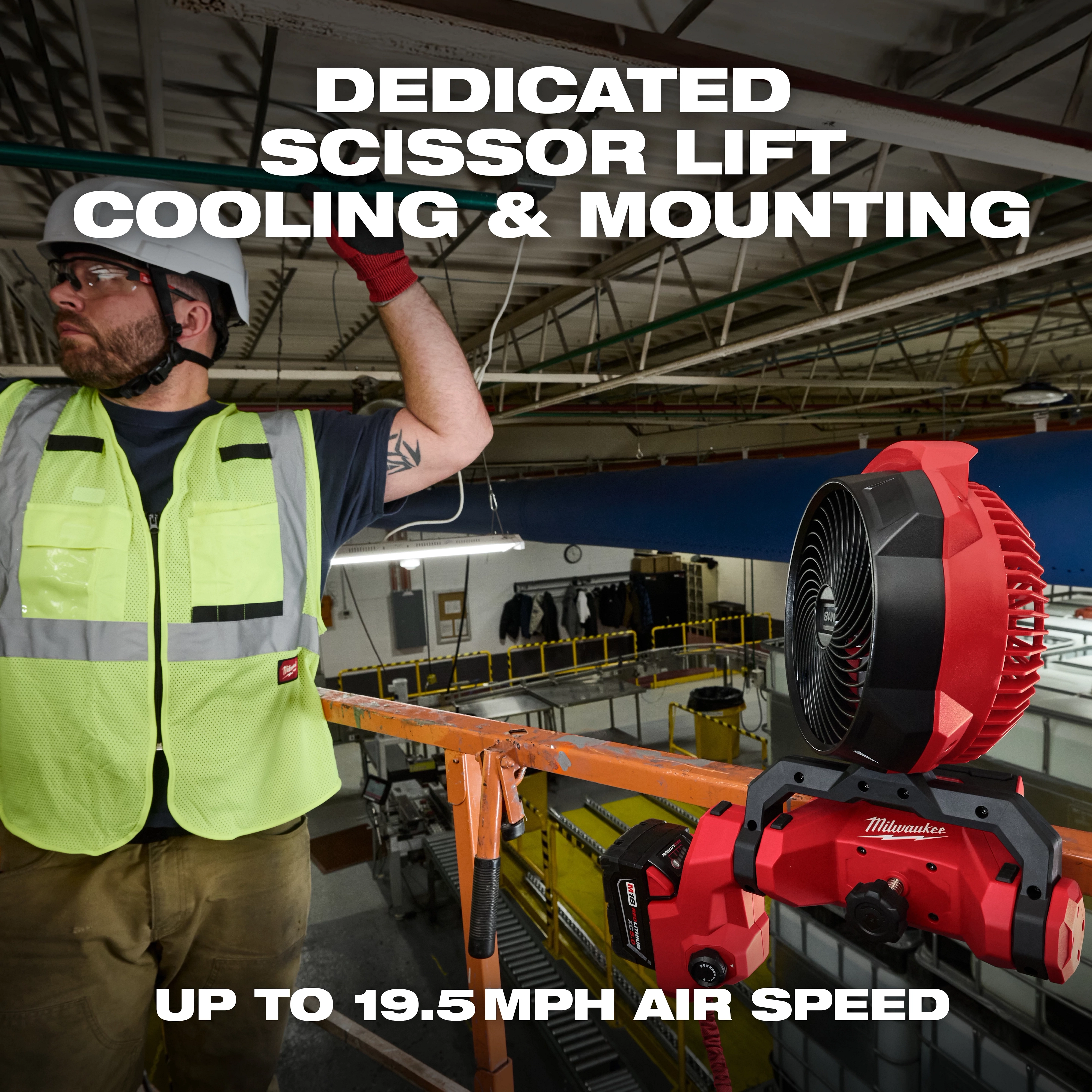 M18 Brushless Scissor Lift Fan mounted on a railing at an industrial site. Text reads "Dedicated Scissor Lift Cooling & Mounting."