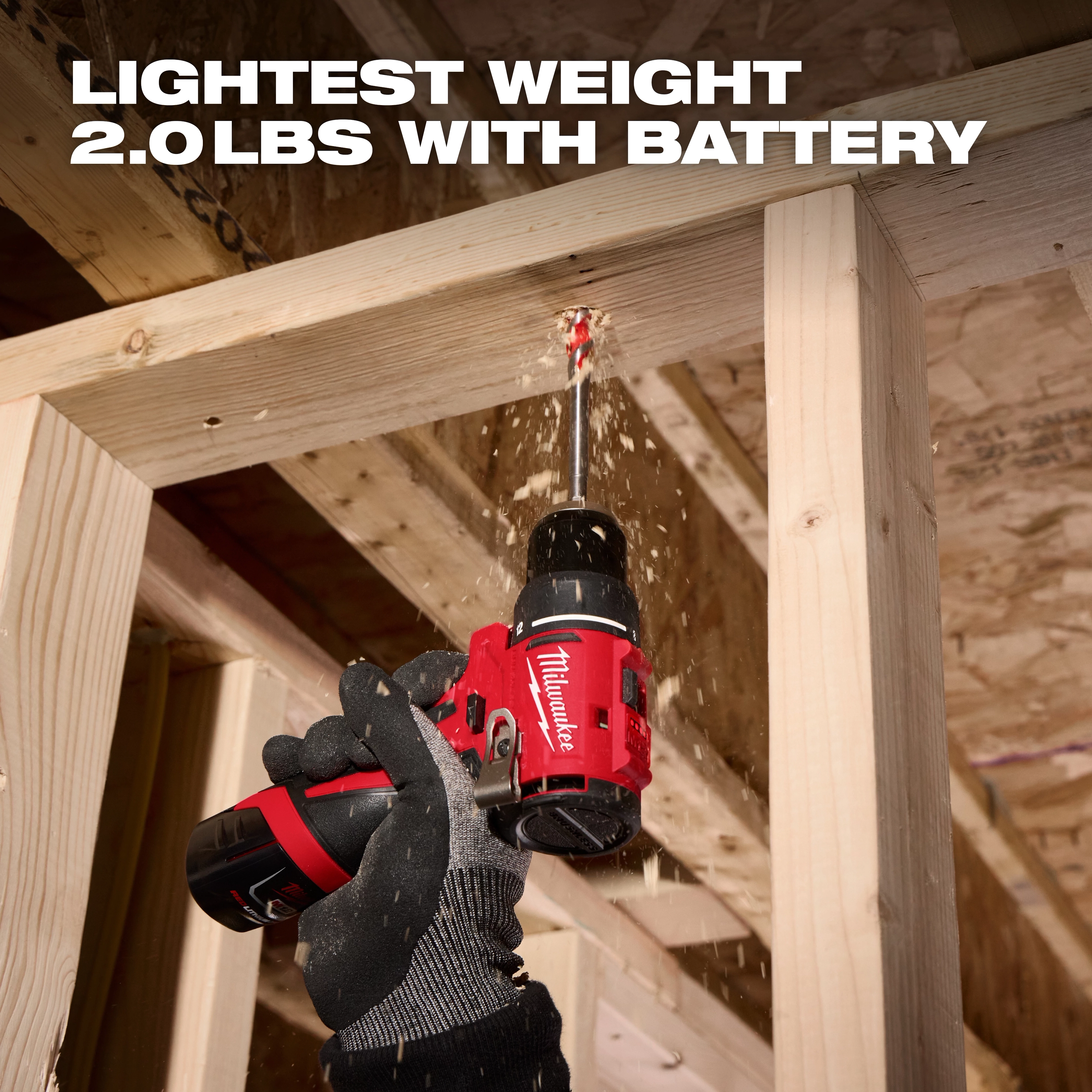 A person wearing gloves uses a red Milwaukee drill to bore a hole through a wooden beam in a construction setting. Sawdust is visible around the drilling spot. The text above reads "LIGHTEST WEIGHT 2.0 LBS WITH BATTERY."