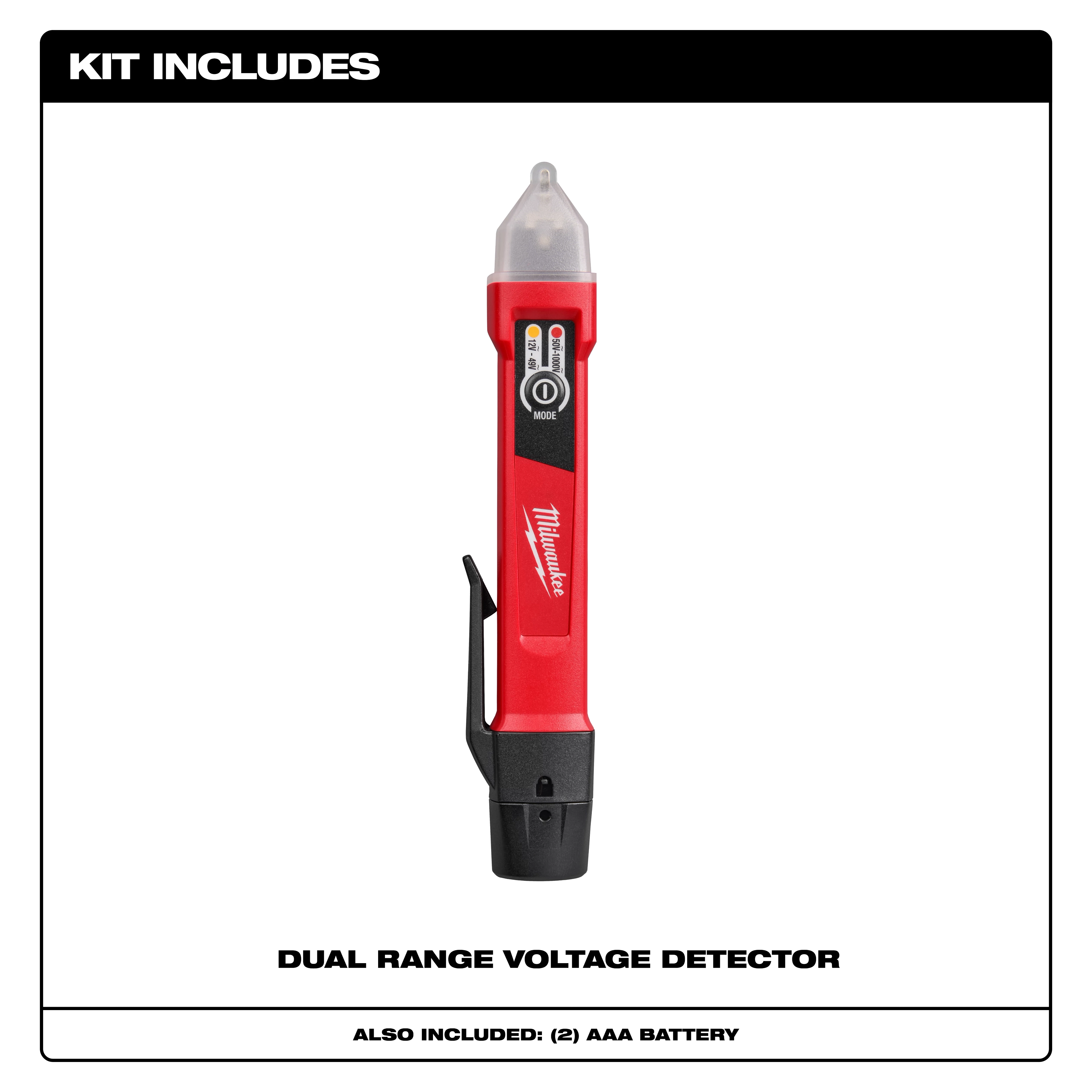 Milwaukee Dual Range Voltage Detector with LED display and clip, includes two AAA batteries.