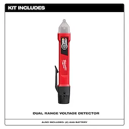 Milwaukee Dual Range Voltage Detector with LED display and clip, includes two AAA batteries.